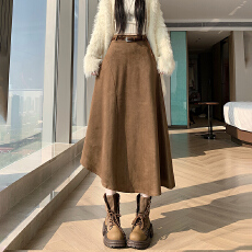 批发实拍 2025秋<b class='q'>冬</b>遮胯显瘦不规则编织腰带设计麂皮绒中长a字半身伞裙