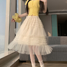 批发实拍 木耳边拼接蓬蓬网纱半身裙女2026夏季高腰a字<b class='q'>中长款</b>蛋糕裙