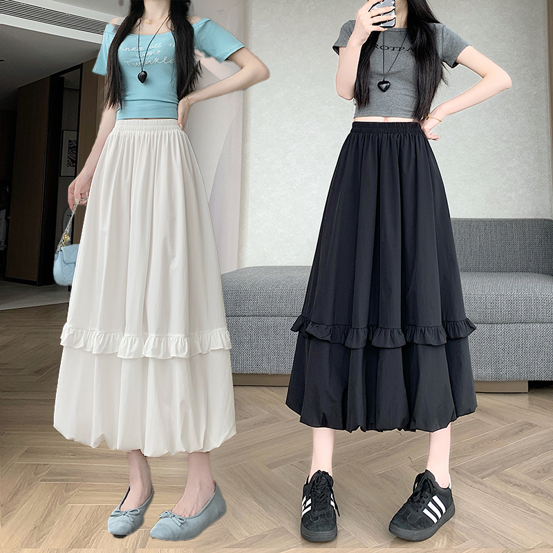 화이트 여름 프릴 꽃밭 반신 스커트 롱 코트 디자인 센스 작은 키 루즈핏 넓은 다리 한 마디 퍼프 스커트