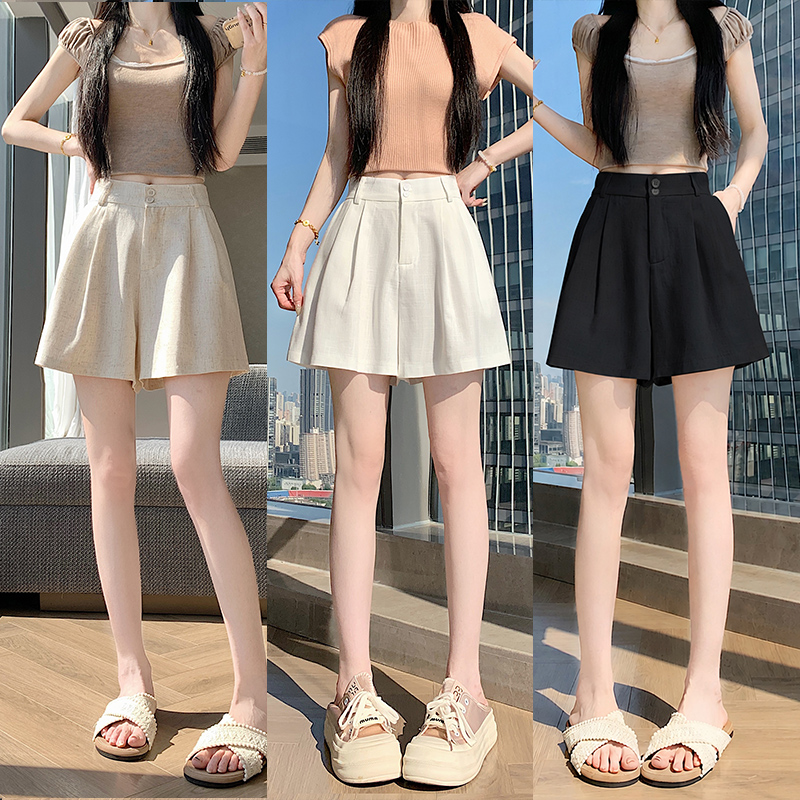 실사 2026 새로운 인터넷 유명인 핫걸 고급 마 재료 원단 다용도 하이웨이스트 반바지 와이드 레그 팬츠