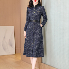 批发2026春季新款高级字母时尚<b class='q'>提花</b>牛仔<b class='q'>连衣裙</b>女收腰显瘦时尚气质长裙