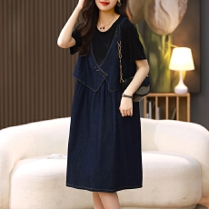 批发短袖连衣裙女夏季大码胖mm2026新款休闲欧货<b class='q'>马甲</b>拼接假两件裙子薄