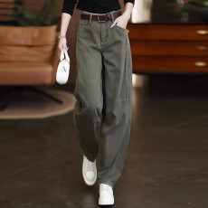 批发军绿色时尚软牛仔阔腿裤女2026春<b class='q'>秋</b>季新款纯棉高腰夏季直筒弯刀裤