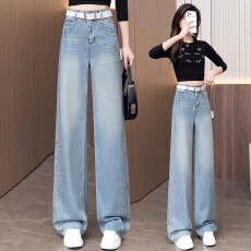 批发侧边烫钻牛仔阔腿裤女<b class='q'>春</b>夏季2026年新款高腰宽松垂感牛仔直筒裤