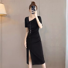 批发高级感短袖连衣裙2026夏季新款高腰修身气质开叉大码<b class='q'>女装</b>中长裙