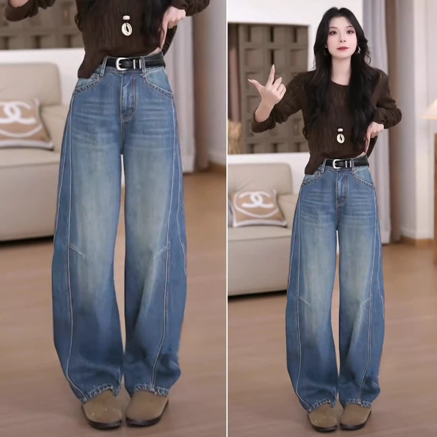 높은 허리 바지 아이들 2026 새로운 청바지 봄 모통이 칼 바지 루즈핏 지방 mm 빅 사이즈 슬림해 보이는 와이드 레그 팬츠 긴 바지