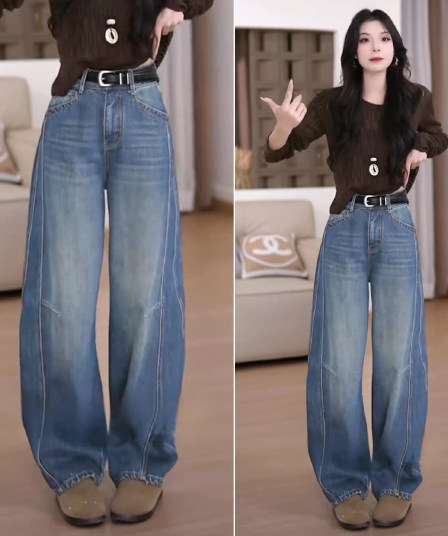 높은 허리 바지 아이들 2026 새로운 청바지 봄 모통이 칼 바지 루즈핏 지방 mm 빅 사이즈 슬림해 보이는 와이드 레그 팬츠 긴 바지
