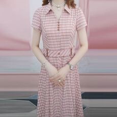 批发大码女装短袖连衣裙女夏季2025年时尚洋气格子中长款收腰显瘦裙子