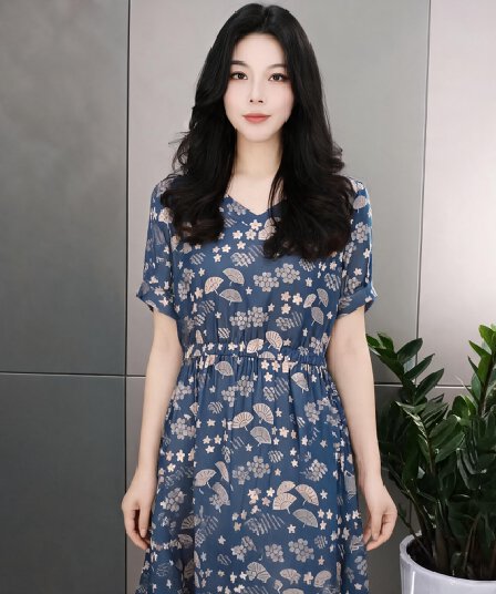고급 반팔 여성 드레스 여름 2026 새로운 패션 품격 연령 감소 표지 배 슬림해 보이는 중년 엄마