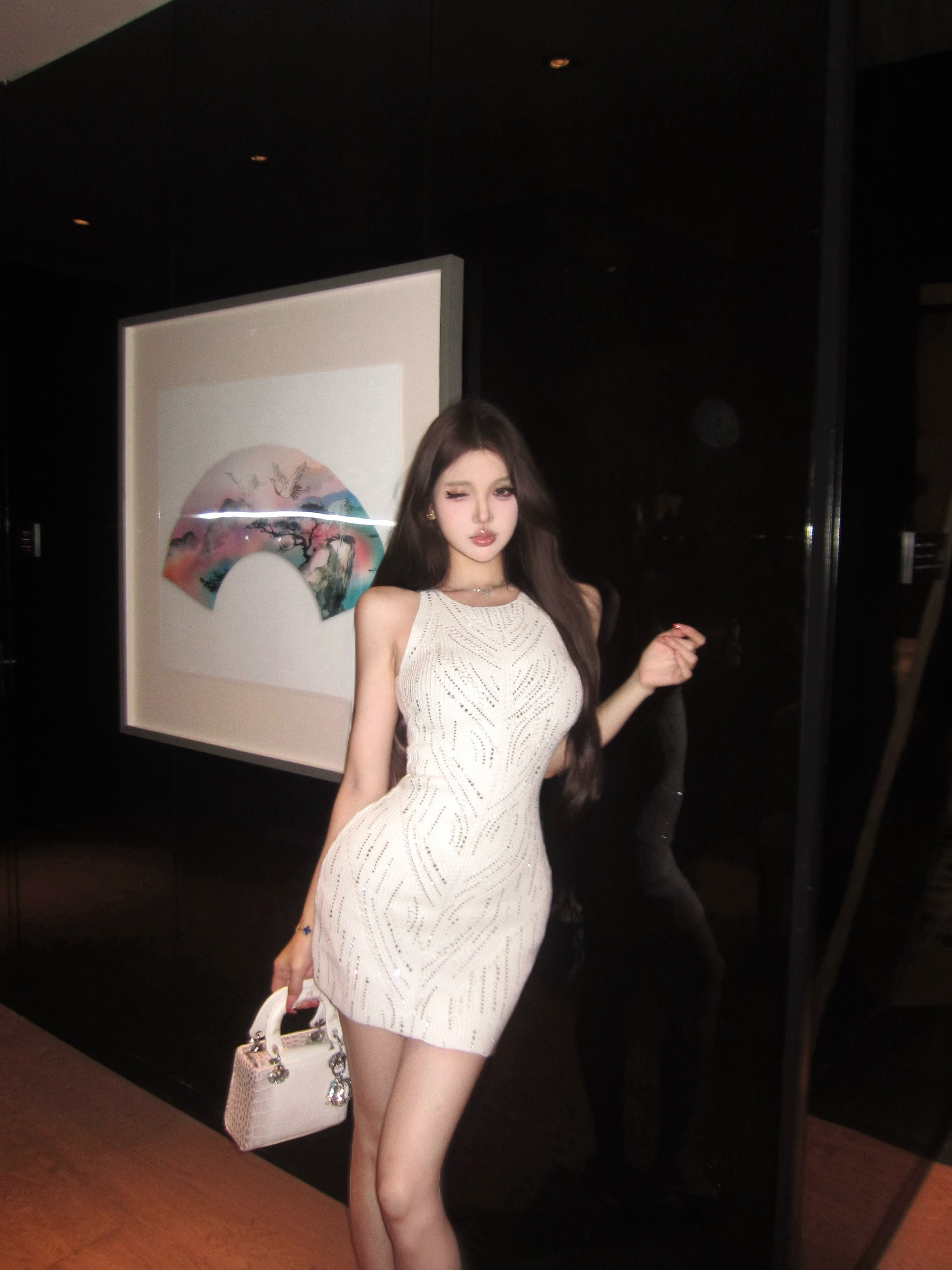 실사 정가 缱 달빛 프랑스식 홀로우 아웃 모직물 뜨거운 벽돌 행침 목 민소매 드레스