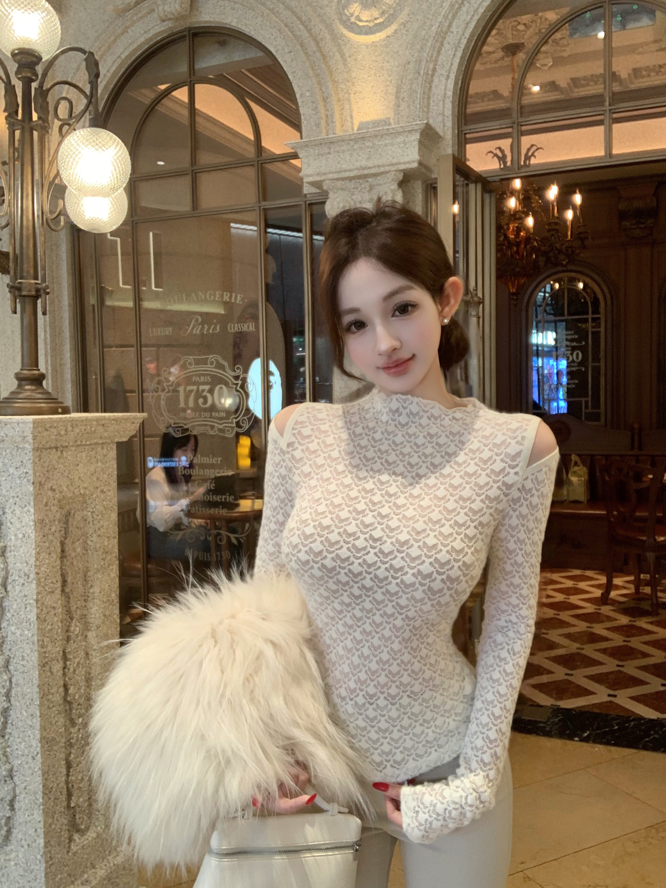 실사 정가 홀로우 아웃 반하이넥 레이스 셔츠 맨위 여성 가을 품격 인사이드 가져 가라. 몸매 가꾸기 긴팔 기본 셔츠