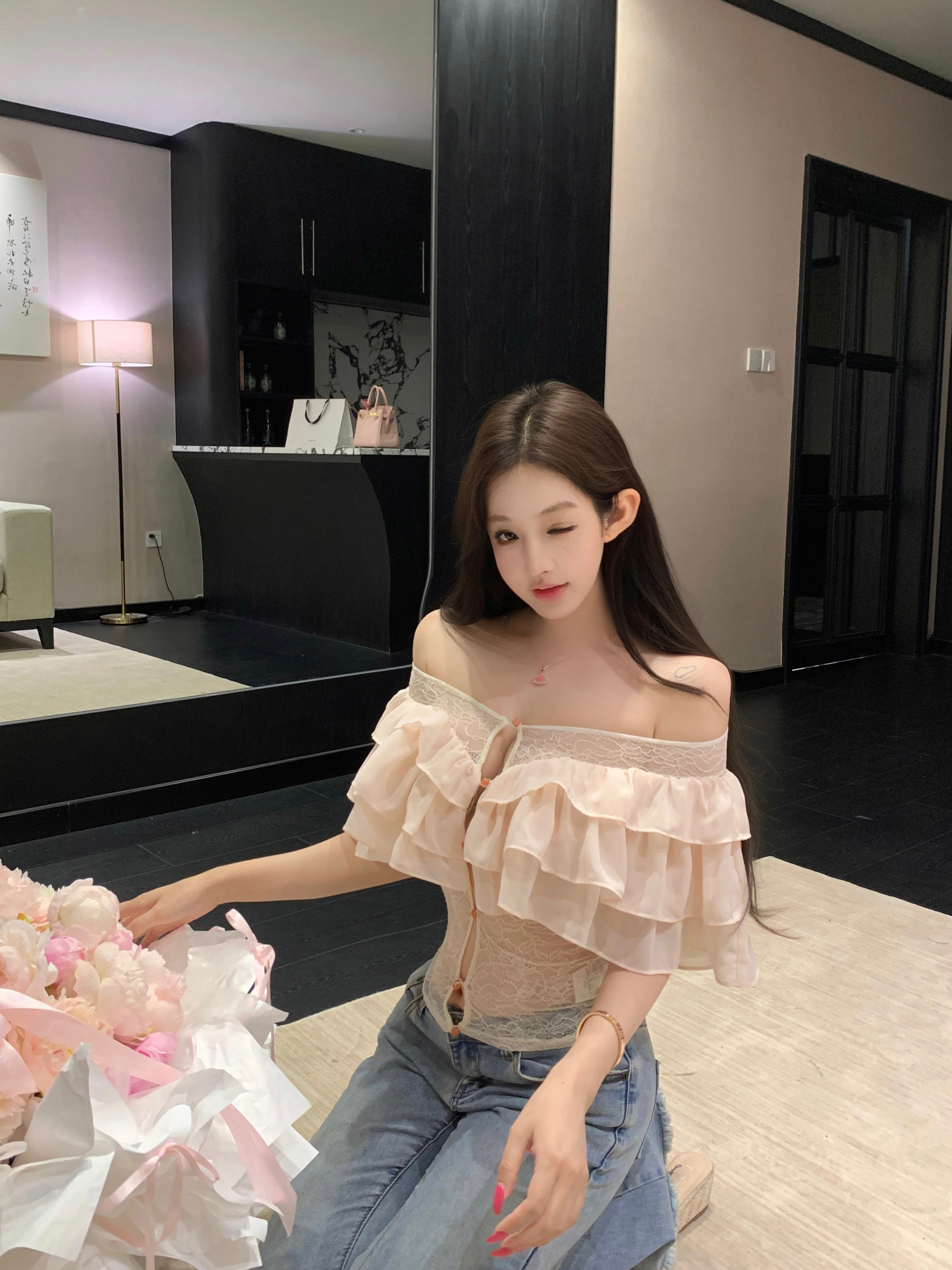 실사 정가 여름 프릴 오프숄더 패치워크 레이스 맨위