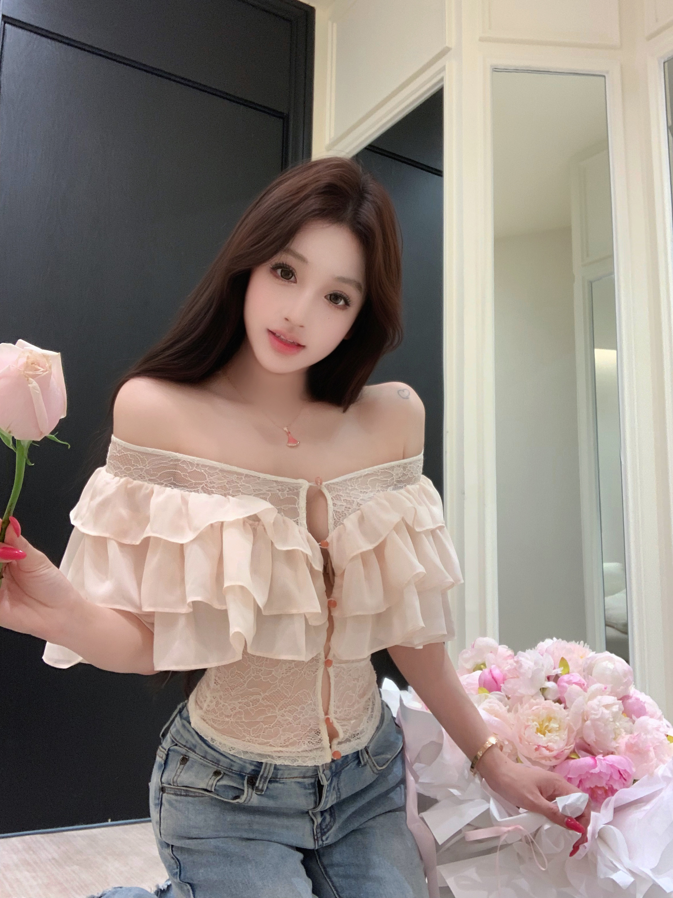 실사 정가 여름 프릴 오프숄더 패치워크 레이스 맨위