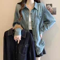 批发实拍<b class='q'>大码</b>女装春季2026新款港风小个子复古<b class='q'>牛仔</b>衬衣<b class='q'>外套</b>百搭上衣
