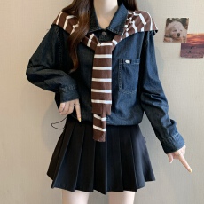 批发实拍<b class='q'>大码</b>春季2026新款港风小个子复古<b class='q'>牛仔</b>衬衣<b class='q'>外套</b>百搭上衣二件套