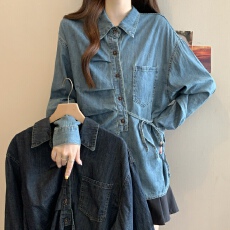 批发实拍<b class='q'>大码</b>女装春季2026新款港风小个子复古衬衣不规则系带<b class='q'>牛仔</b>上衣