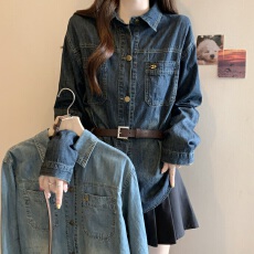 批发实拍<b class='q'>大码</b>春季2026新款港风小个子复古<b class='q'>牛仔</b>衬衣修身配腰带百搭上衣