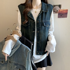 批发实拍<b class='q'>大码</b>春季2026新款港风复古<b class='q'>牛仔</b>马甲<b class='q'>外套</b>胖MM无袖坎肩上衣