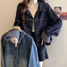 批发实拍<b class='q'>大码</b>春季2026新款港风格子拼接翻领复古<b class='q'>牛仔</b><b class='q'>外套</b>休闲夹克上衣