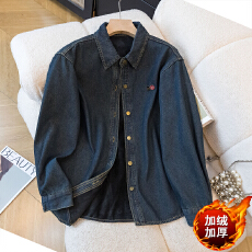 批发实拍大码秋冬季2025新款港风复古牛仔<b class='q'>衬衣</b>胖MM加绒加厚舒适上衣