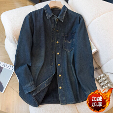 批发实拍大码秋冬季2025新款港风复古牛仔<b class='q'>衬衣</b>胖MM加绒加厚舒适上衣