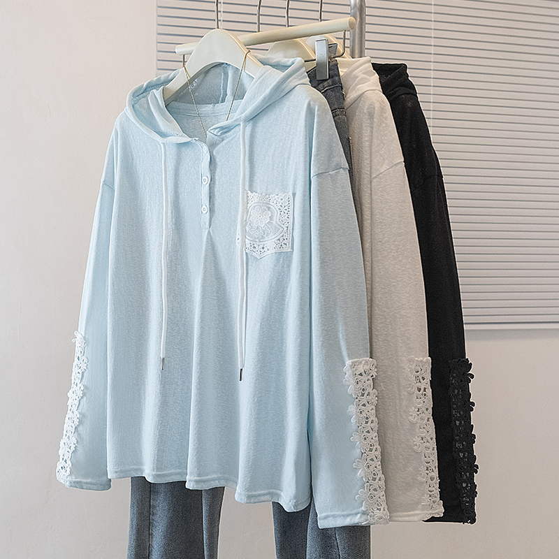 RY70125# 实拍蕾丝边拼接连帽卫衣女2026新款设计感慵懒风宽松上衣