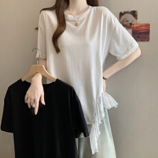 批发实拍蕾丝边拼接2026春季新款设计感慵懒风宽松上衣<b class='q'>T</b>恤显瘦潮流