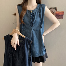 批发<b class='q'>实拍</b><b class='q'>大码</b>2026胖mm复古蓝圆领牛仔背心韩系减龄宽松A摆无袖上衣
