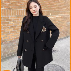 批发黑色小个子呢子大衣女2025秋冬季新款英伦毛呢宽松<b class='q'>外套</b>