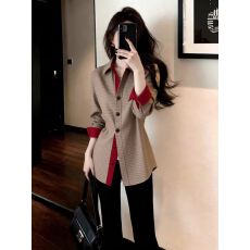 批发复古干练卡其色<b class='q'>衬衫</b>通勤格纹长袖休闲开衫翻领职场上衣2026春季女