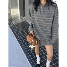 批发运动套装套装女2025夏季穿搭慵懒感宽松<b class='q'>条纹</b>polo领卫衣短裤两件套