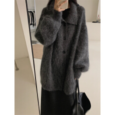 批发慵懒松弛感深灰毛绒毛衣女秋冬新款软糯针织开衫宽松百搭时髦外套