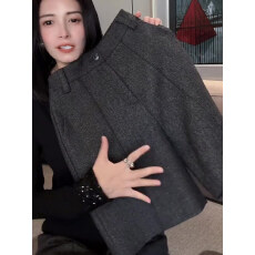 批发深灰色高级毛呢休闲五分裤女2025冬季新款小众气质慵懒风阔腿裤子