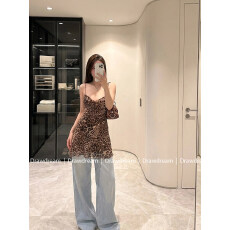 批发Drawdream 复古辣妹<b class='q'>豹纹</b>吊带<b class='q'>连衣裙</b>女装设计感荷叶边收腰A字短裙