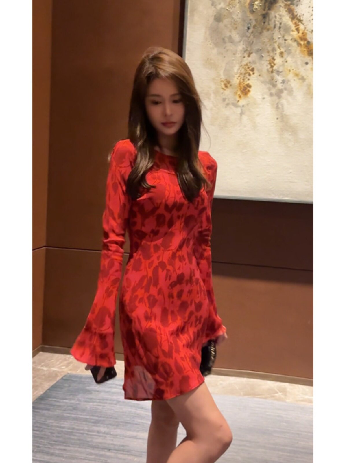 프랑스식 순수한 욕망 품격 꽃무늬 긴팔 여성 드레스 나팔 소매 허리 수축 슬림해 보이는 짧은 치마 이른 가을 새로운 여성 의류
