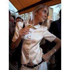 批发法式老钱风白色<b class='q'>娃娃领</b>短袖<b class='q'>衬衫</b>上衣女通勤短款修身醋酸缎面<b class='q'>衬衣</b>夏