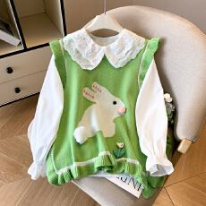 批发洋气减龄木耳边针织马甲背心女春秋2025年新款甜美小个子两件套