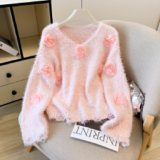 批发立体花朵毛衣女春秋季温柔风甜美粉色内搭软糯针织<b class='q'>打底衫</b>