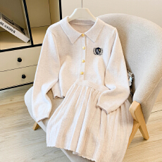 批发翻领刺绣毛衣外套女针织开衫高腰半身裙百褶短裙a字裙