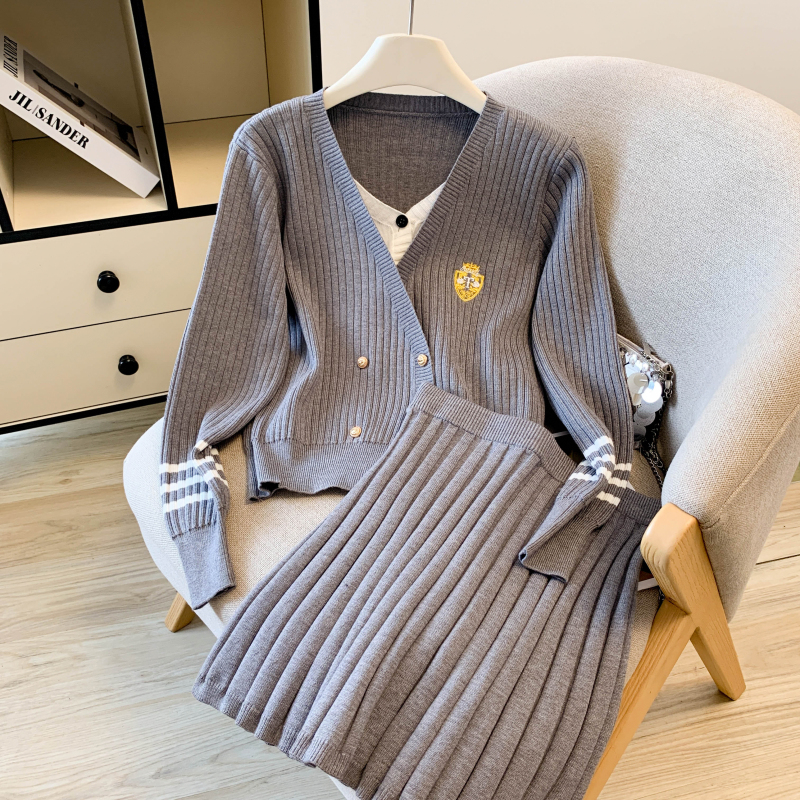 MY14265# 韩系学院风套装穿搭小个子灰色条纹假两件针织毛衣百褶短裙两...