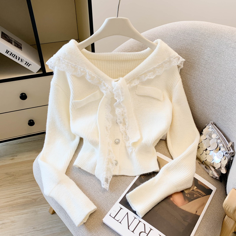 MY17683# 韩系学院风蕾丝蝴花边蝶结海军上衣女纯色单排扣针织开衫女裝...