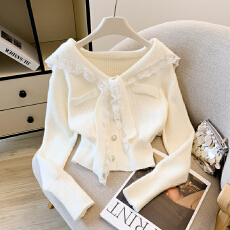 批发2026春款韩系学院风蕾丝蝴花边蝶结海军上衣女纯色单排扣针织开衫