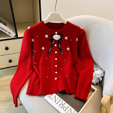 批发2026春款小香风花朵蝴蝶结羊绒毛衣设计感气质圆领钉珠针织衫开衫