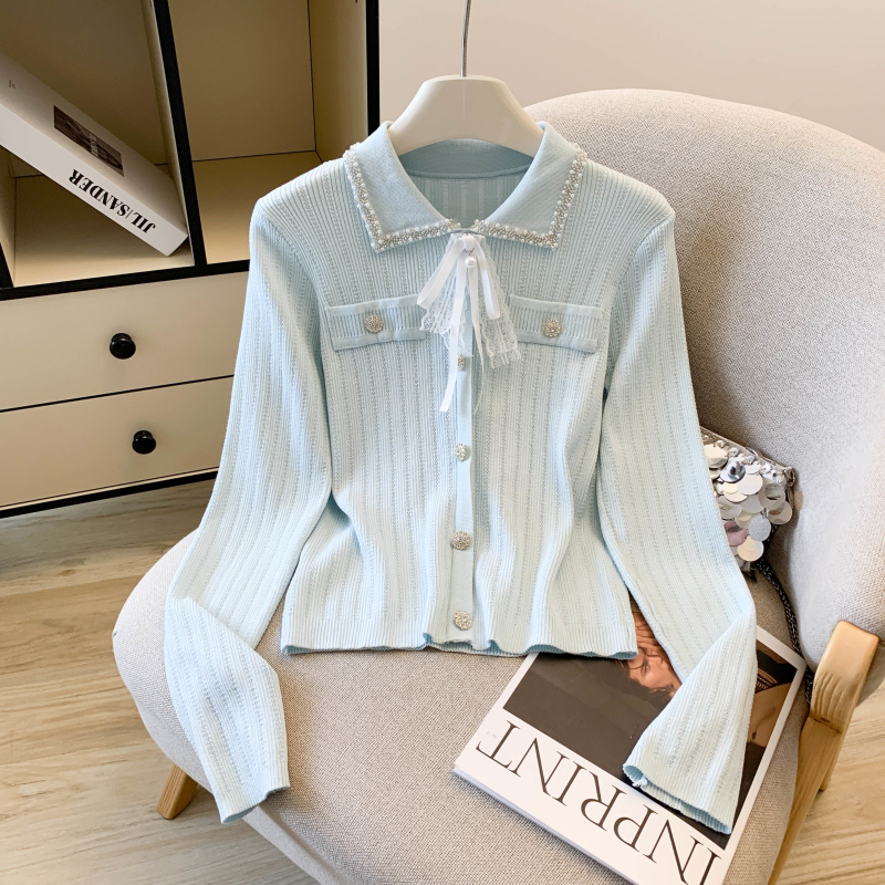 MY14283# 轻奢香风法式长袖翻领针织衫重工钉珠蝴蝶结洋气上衣开衫女裝...