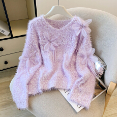 批发仿水貂绒软糯V领套头针织<b class='q'>毛衣</b>女秋冬时尚法式设计感钉珠花朵上衣