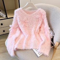 批发2026春款仿水<b class='q'>貂绒</b>软糯V领套头针织毛衣女法式设计感钉珠花朵上衣