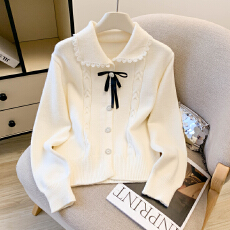 批发2025新款娃娃领针织衫女<b class='q'>蕾丝</b>蝴蝶结高级法式上衣