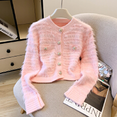 批发小香风气质设计感仿水貂毛软糯毛衣女秋冬季修身短款针织开<b class='q'>衫</b>外套