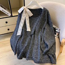 批发甜美慵懒风宽松中长款百搭<b class='q'>毛衣</b>+蕾丝拼接绑带<b class='q'>背心</b>两件套