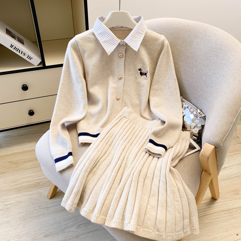 MY14270# 韩系学院风假两件上衣针织开衫拼接条纹衬衫百褶裙套装女裝貨...